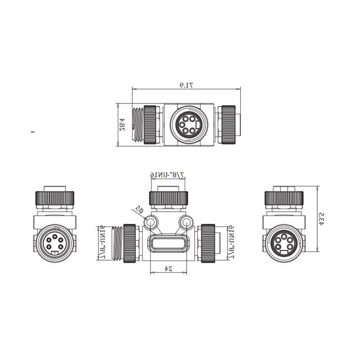  7/8”5引脚公/2x 7/8”5引脚母，t型电源三通，0PI555