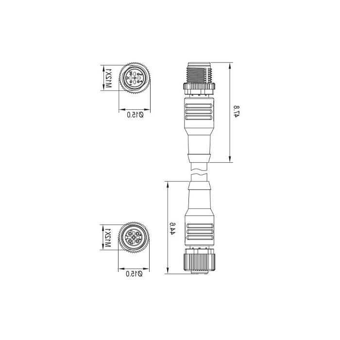 M12 4Pin female straight to male straight, double-ended precast PVC non-flexible electric缆、带屏蔽、灰色护套、0C4A43-XXX