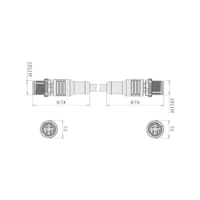 M12 4Pin D-coded, male straight turn male straight, double end pre-cast PVC non-flexible cable, grey sheath, 64DD23-XXX